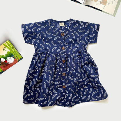 Navy blue batik dress with modern banana print