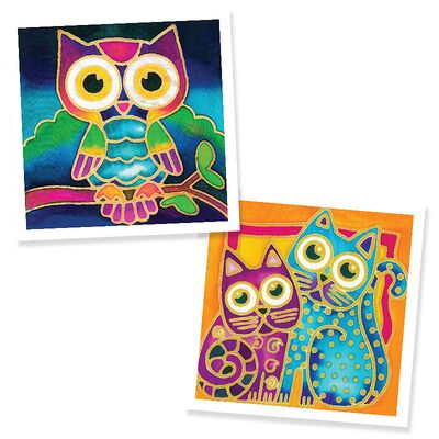 Two batik painting canvases showing an owl and cats
