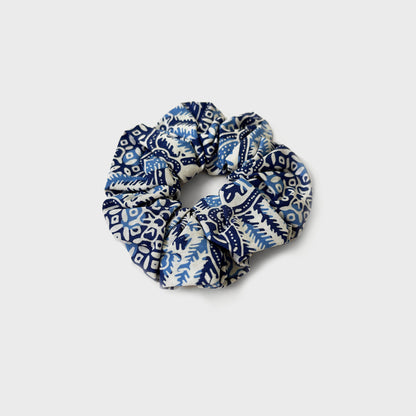 Back side of the hand stamped batik blue scrunchie