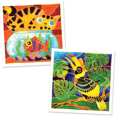 Batik paintings of cat and goldfish and a hornbill