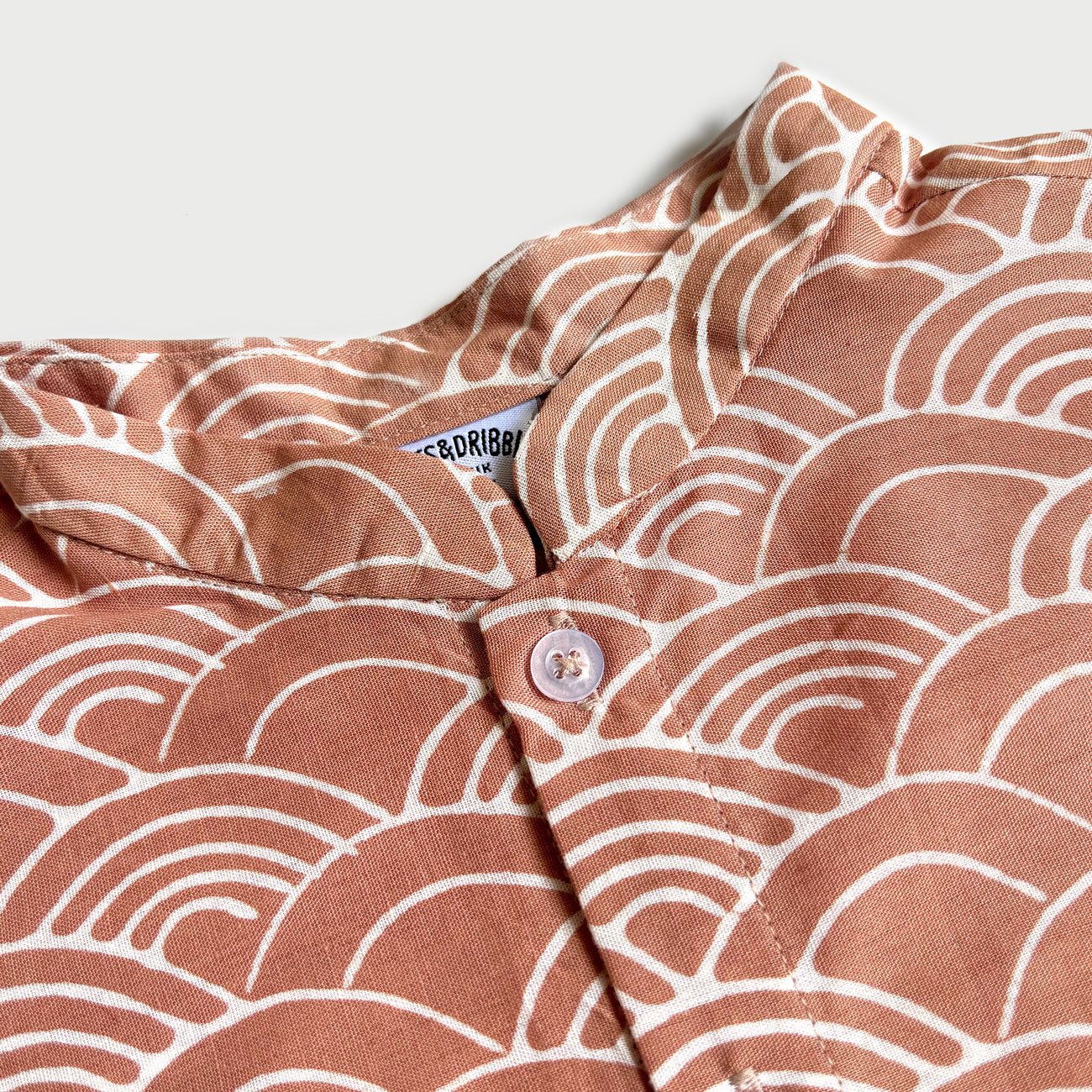 Mandarin collar on a batik shirt with a close up of the Seigaiha Wave