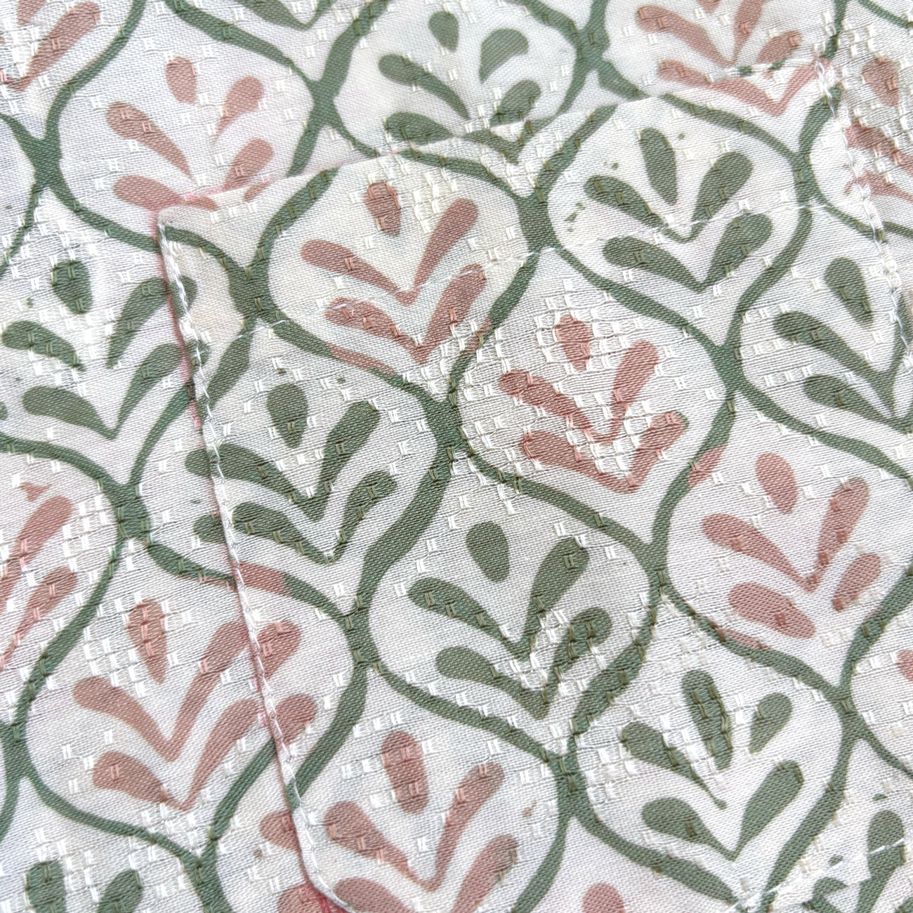 Close up of green and pink floral motif on cotton dobby