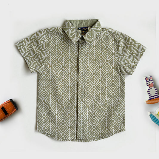 Sage green batik shirt with basil leaf motif