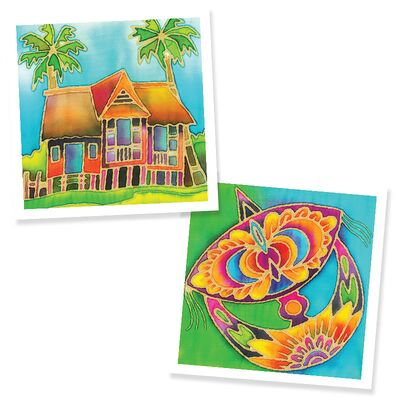 Finished products of batik painting canvases of a kampung house and wau