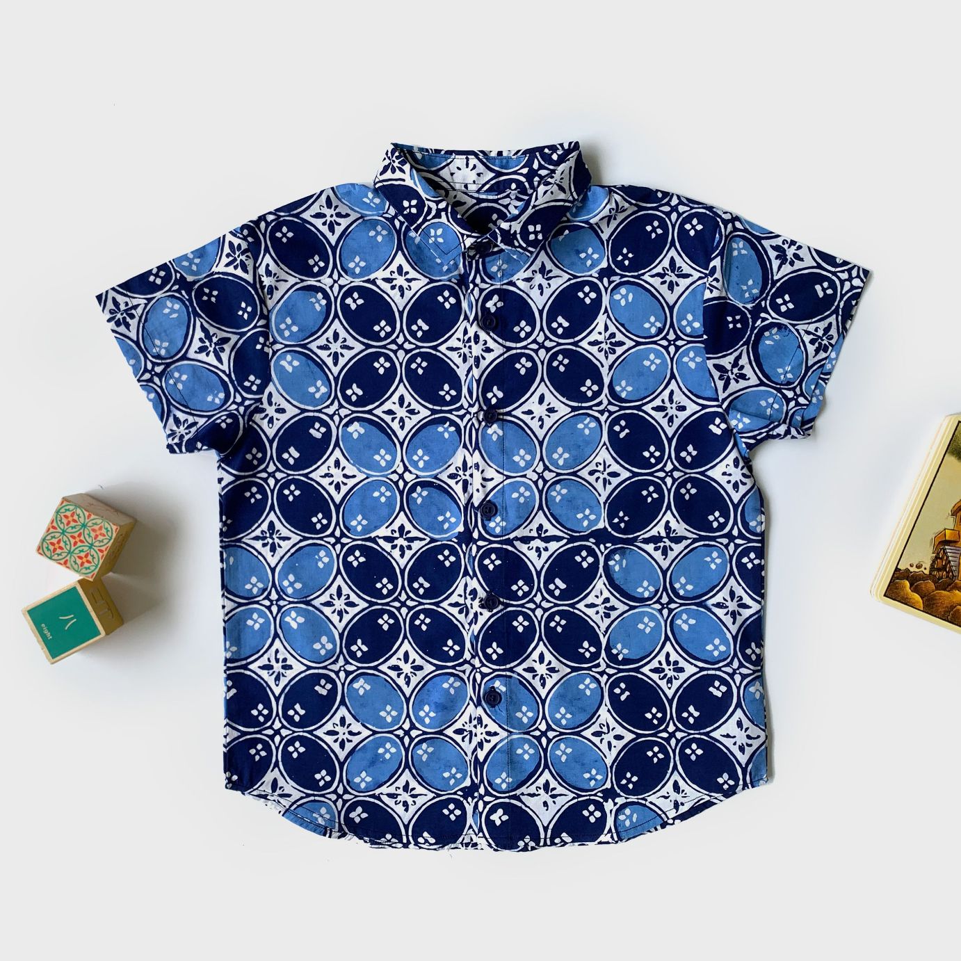 Blue batik shirt with kawung motif