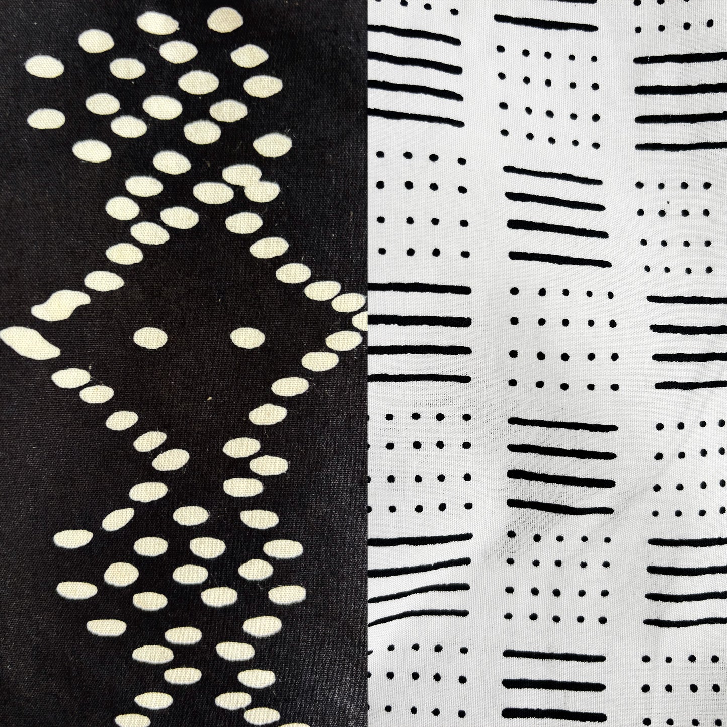 Black and white fabric patterns with dots and lines.