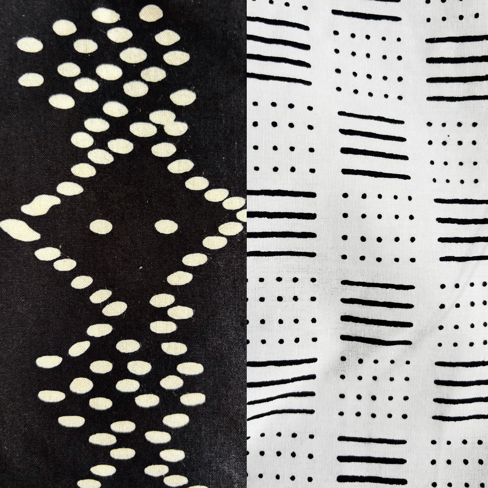 Black and white fabric patterns with dots and lines.