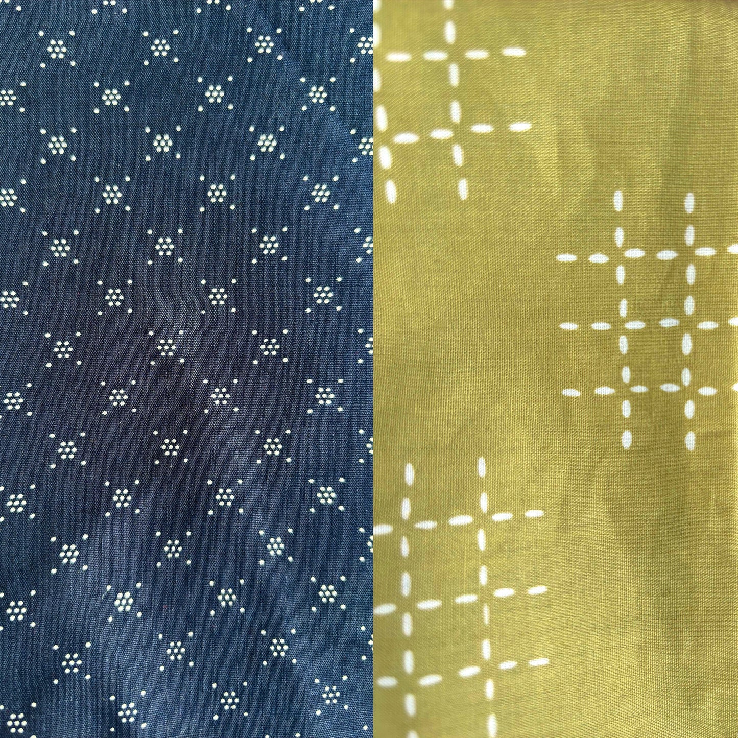 Two fabric swatches with patterns on a blue and green background