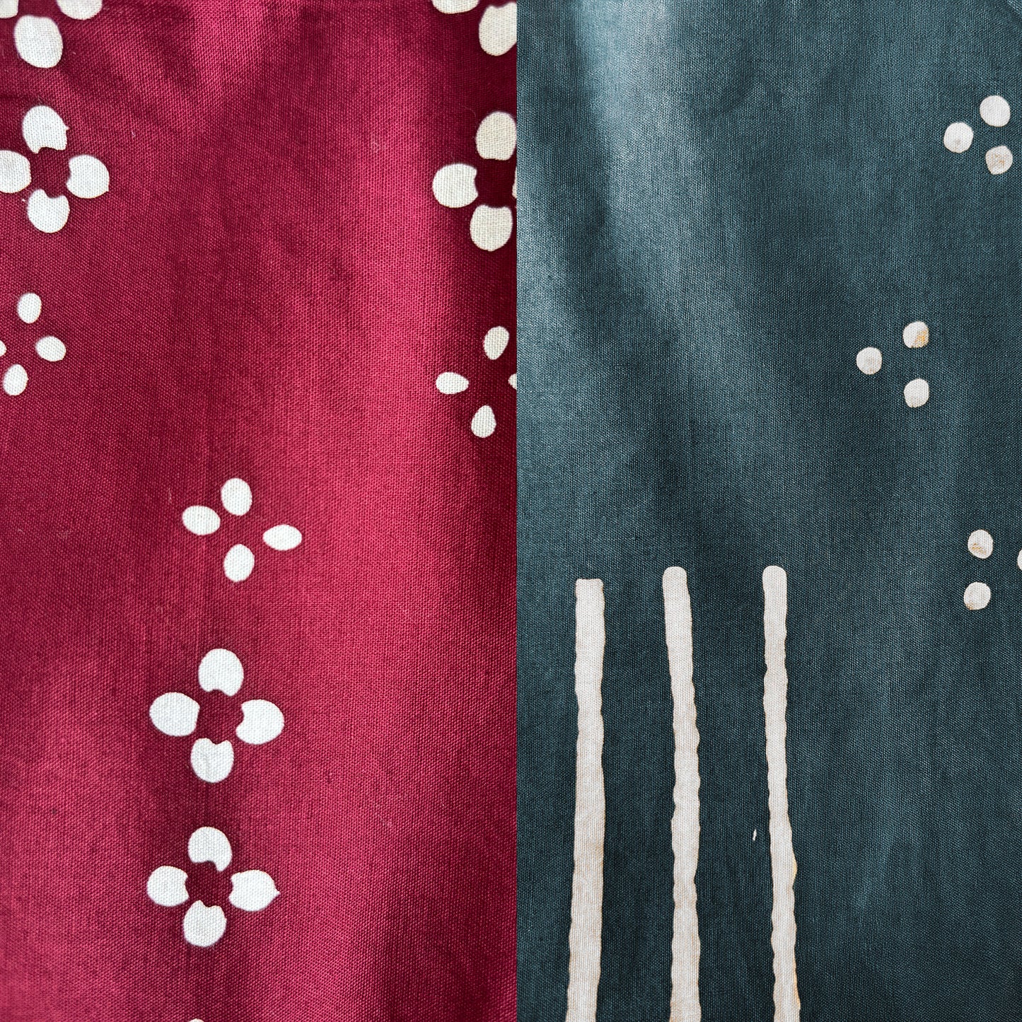 Two fabric swatches with floral patterns, one in red and the other in blue.