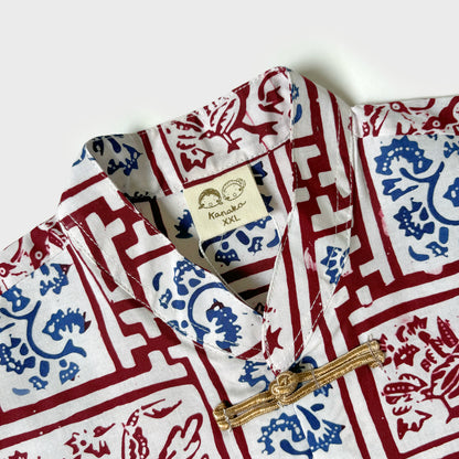 Close up of the mandarin collar and frog button on the Little Jade Chinese New Year batik shirt