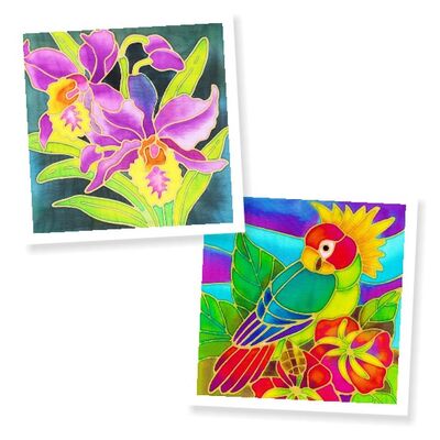 Batik painting kits of an orchid flower and a parrot