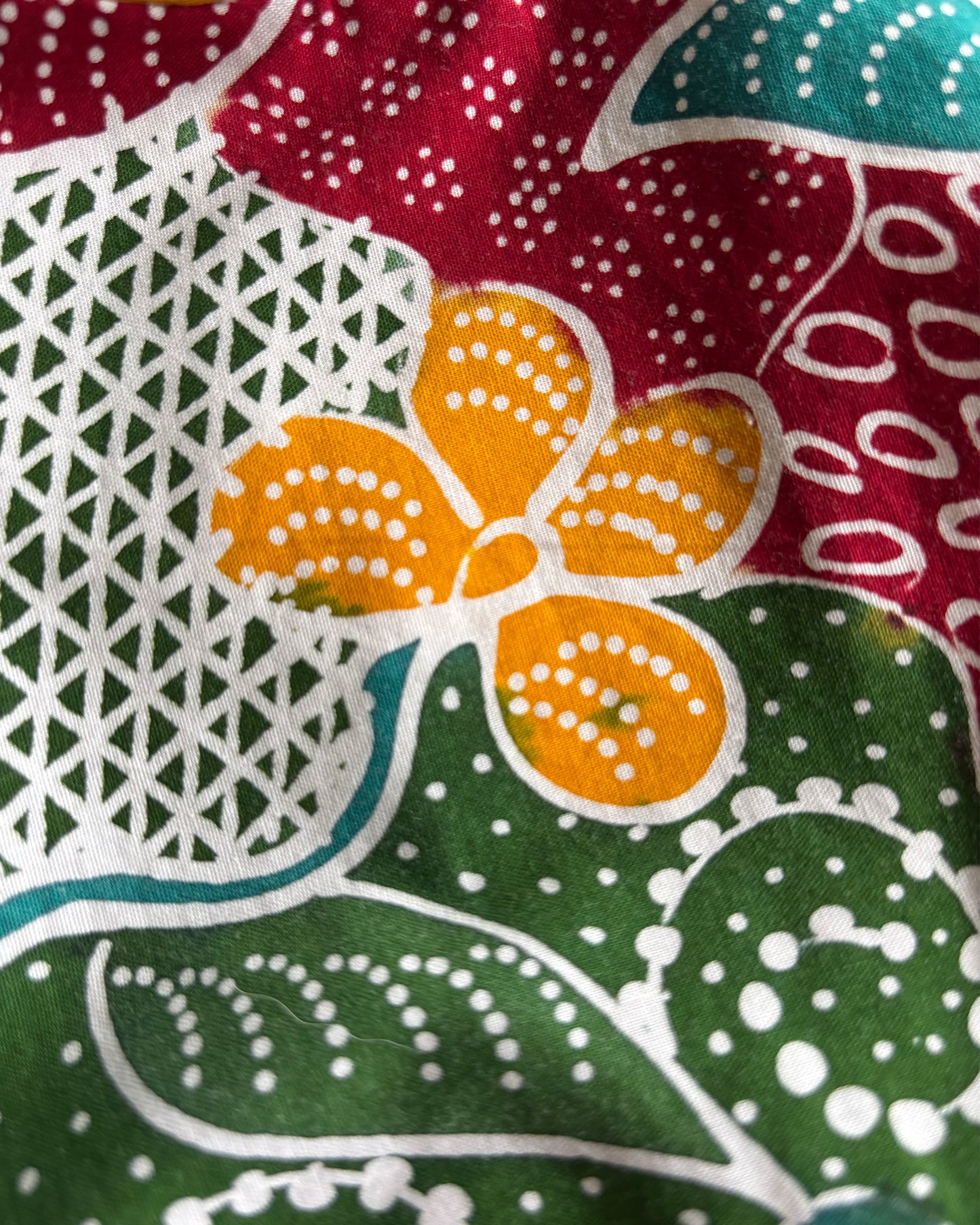 Close-up of a colorful sekar jagad batik fabric with floral patterns