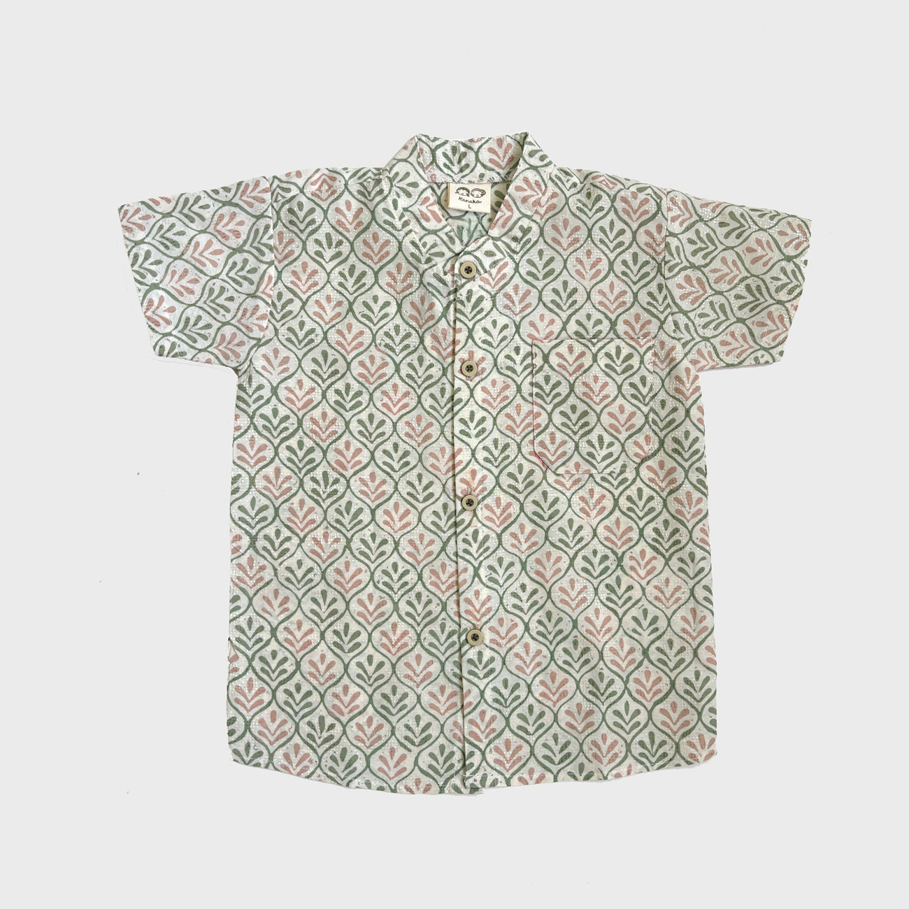 Green and pink Raya batik shirt on dobby cotton with a high collar