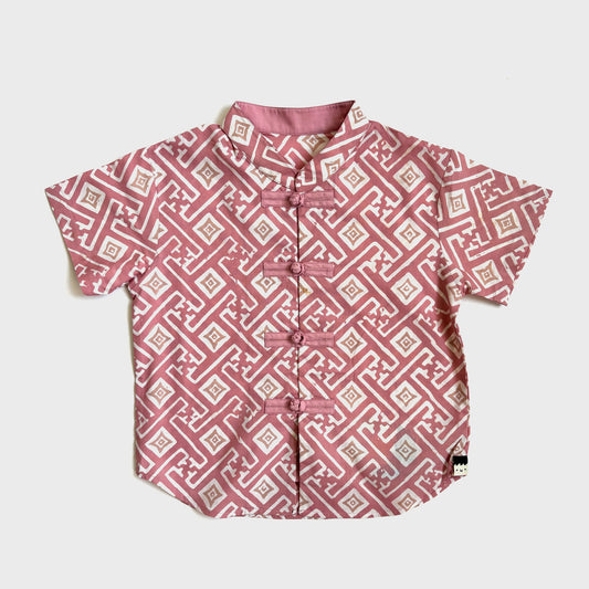 Pink lattice print batik cheongsam shirt with pink frog buttons