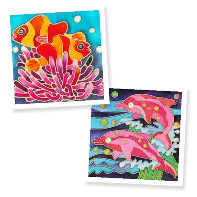 Batik painting set of clownfish and dolphins