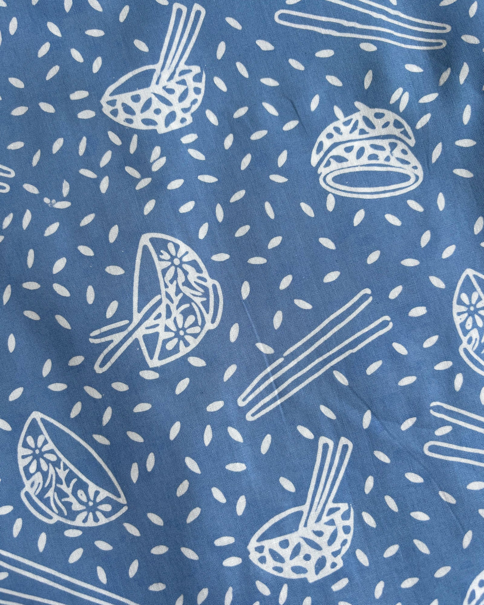 Blue cotton batik with white noodle bowl and chopstick pattern