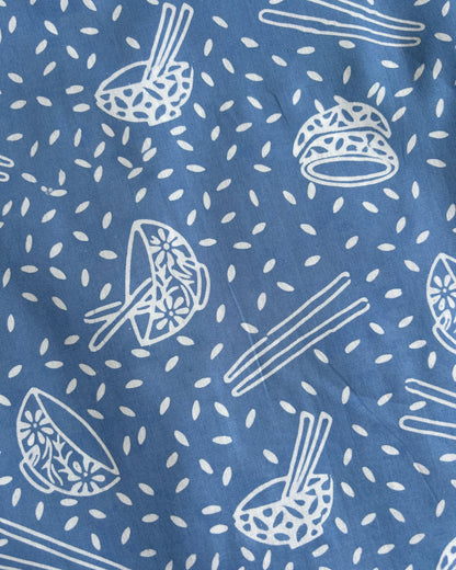 Blue cotton batik with white noodle bowl and chopstick pattern
