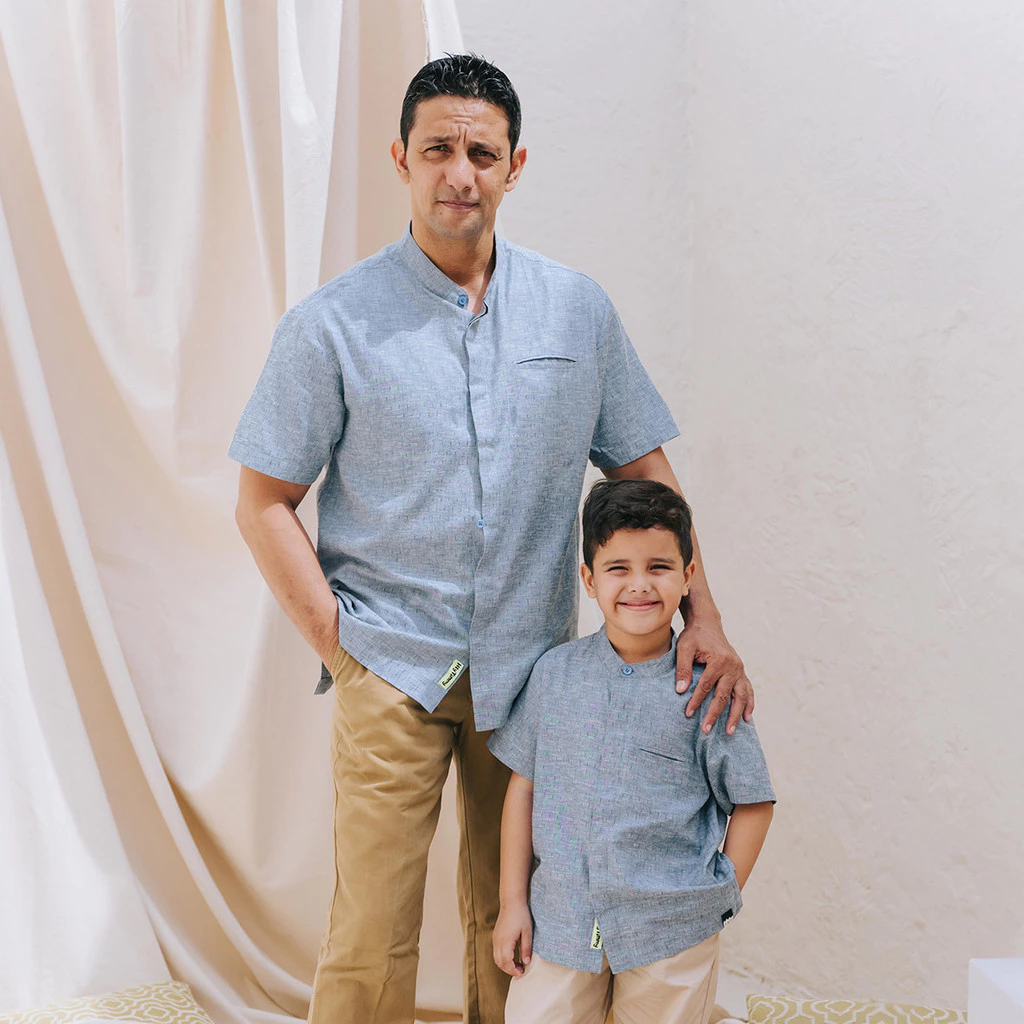 Father and son matching cotton blue shirts