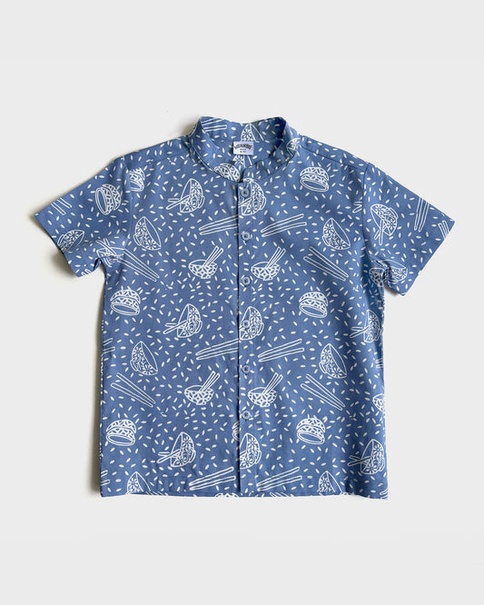 Blue batik shirt with chopsticks bowl and rice pattern